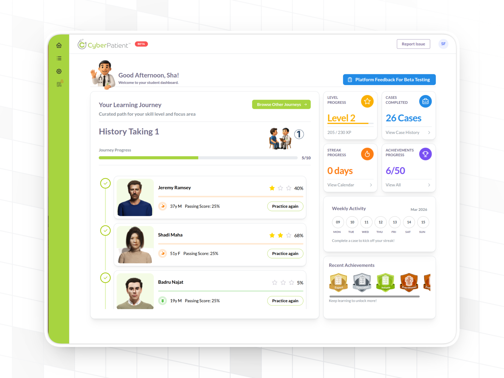 CyberPatient student dashboard