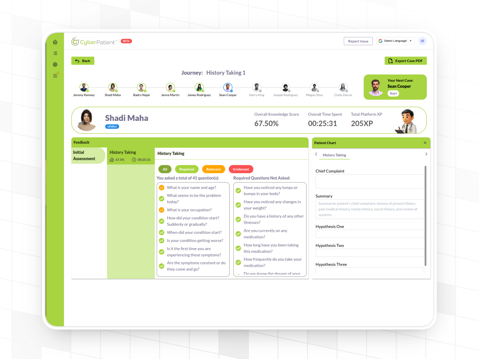 Case progress and XP in CyberPatient